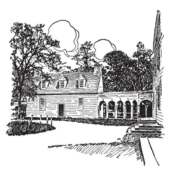 华盛顿的弗农山种植园的仆人的处所在弗吉尼亚 这房子有门窗 复古线画或雕刻插图 — 图库矢量图片