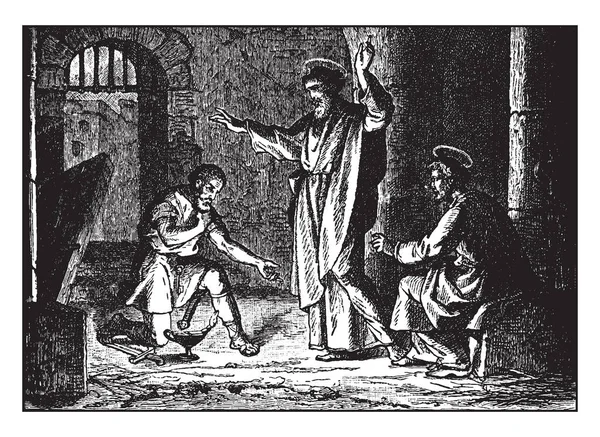 Jailer Duduk Berlutut Depan Santo Paulus Yang Berdiri Dengan Tangan - Stok Vektor