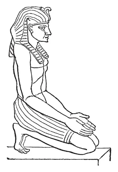 埃及雕塑是在青铜 复古线画或雕刻插图的侧面视图图 — 图库矢量图片