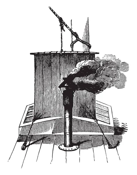 当一艘船驶向风 复古线画或雕刻插图时 以人为本的烟囱向前升起的烟帆 — 图库矢量图片