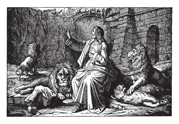 丹尼尔坐在洞穴里的狮子周围安全的一张古图 丹尼尔正在寻找的深渊的边缘 在那里可以看到一个国王看着他 复古线画或雕刻插图 — 图库矢量图片