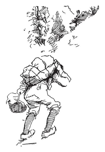 一个游客背着一个包在他的背上 拿着一个被覆盖的篮子在他的左手和朝上上山 复古线画或雕刻插图 — 图库矢量图片