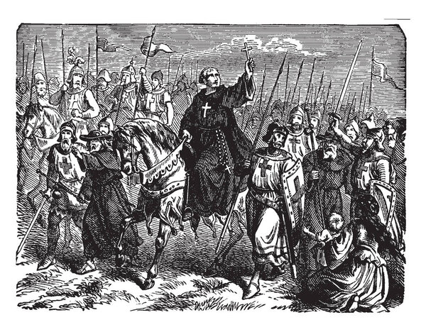 The Crusades being Preached by a Monk on Horseback holds a cross in his raised hand, vintage line drawing or engraving illustration.