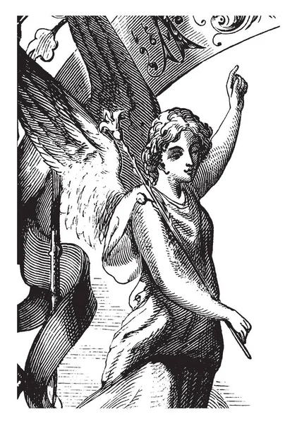 美しい天使が彼女の右手で王位を保持して 彼女の左手 ビンテージ ライン描画または彫刻イラストで上向き — ストックベクタ
