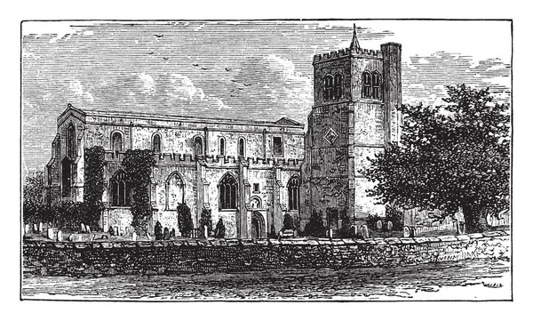 埃尔斯托修道院是英国贝德福德郡本笃修女们的修道院 它成立于 1075 复古线画或雕刻插图 — 图库矢量图片