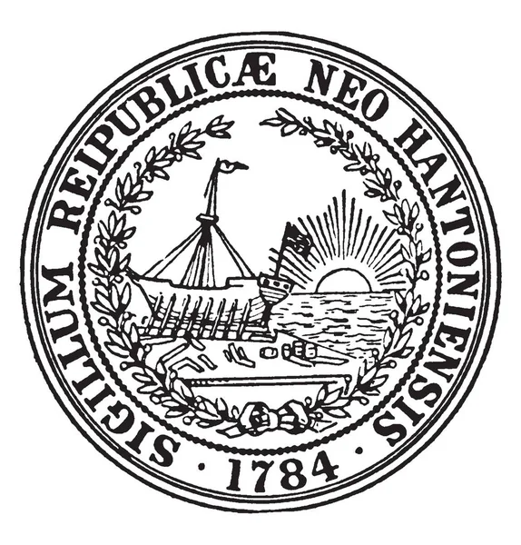 Sigillum Reipublicae Hantoniensis 1784 1784 ニューハンプシャー州のこのサークル形状のシールに船に立って港 昇る太陽と海を背景に シール ビンテージの線描画や彫刻イラストに書かれています — ストックベクタ