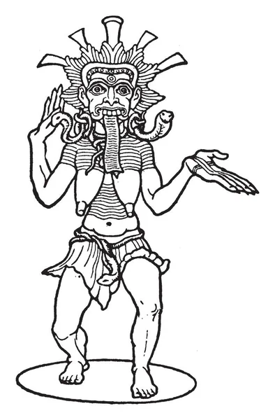死と破壊 ビンテージの線描画や彫刻イラストのヒンズー教の女神カーリーの表現 — ストックベクタ