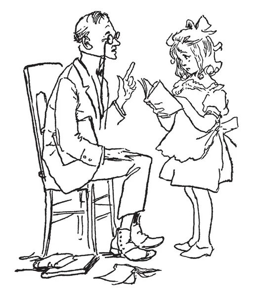 女孩与导师坐在椅子上 鼻子捏眼镜 复古线画或雕刻插图 — 图库矢量图片