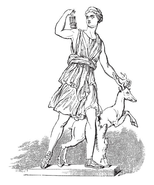 In Roman mythology, Diana was the goddess of the hunt, the moon and childbirth, being associated with wild animals and woodland, and having the power to talk to and control animals, vintage line drawing or engraving illustration.