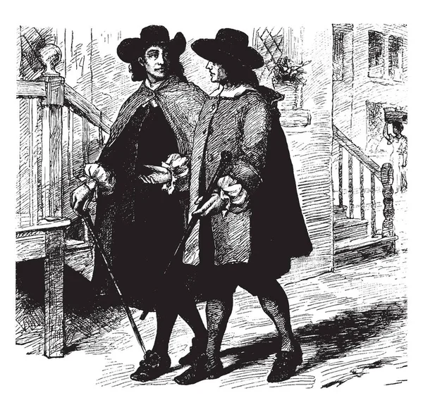 Dos Hombres Caminando Por Carretera Hablando Dibujo Línea Vintage Ilustración — Vector de stock