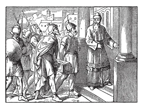 犹大把12000德拉克马的银子送到耶路撒冷 这场面显示有长矛的士兵带着箱子 他们正把箱子交给祭司在入口处 复古线画或雕刻插图 — 图库矢量图片