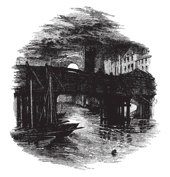 Une Scène Pont Les Bateaux Sont Disponibles Rivière Lune Brille — Image vectorielle