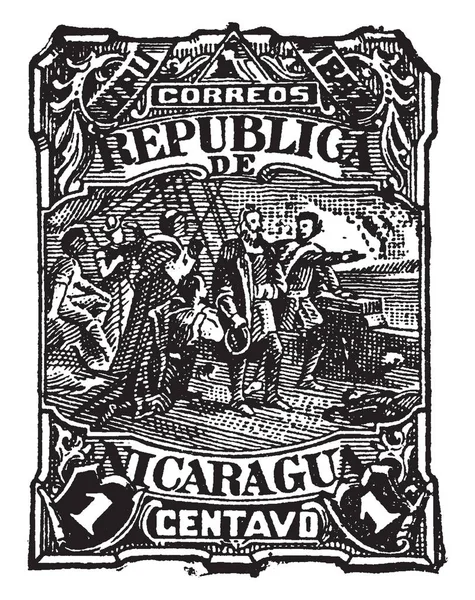 Resim Nikaragua Centavo Damgası 1892 Yılında Vintage Çizgi Çizme Veya — Stok Vektör