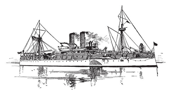 United States Battleship Maine is an American naval ship that sank in Havana Harbor during the Cuban revolt against Spain, vintage line drawing or engraving illustration.