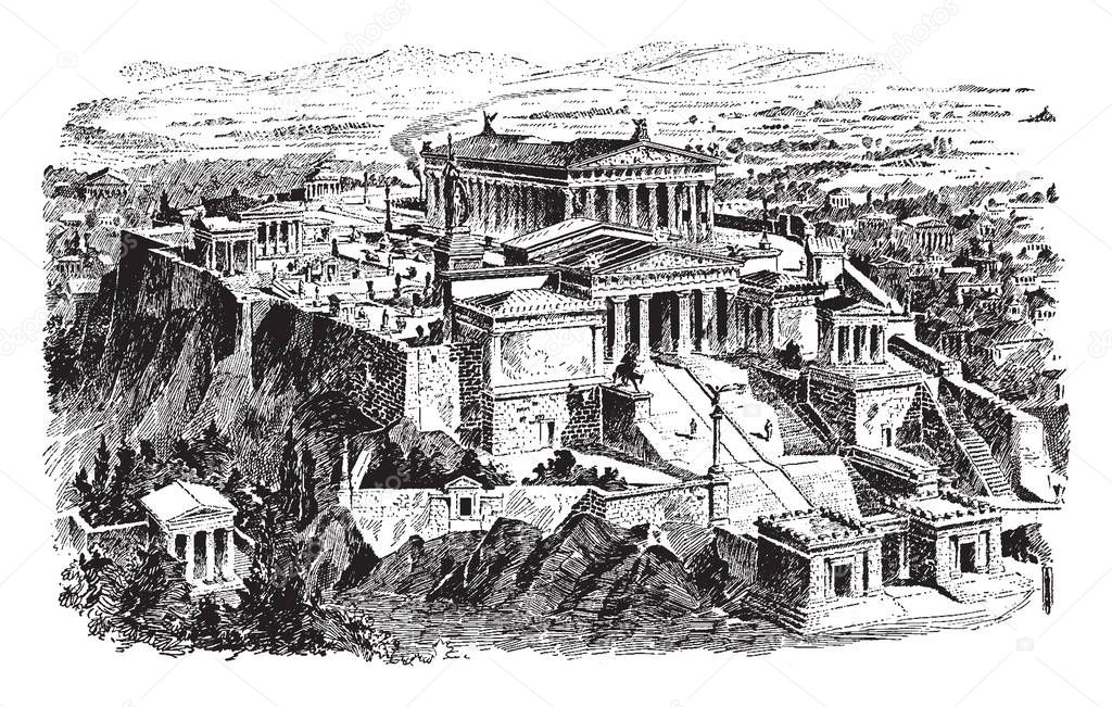 The Acropolis of Athens - Restoration of the Propylaea or hill area, Athens city, Two figures climb, vintage line drawing or engraving illustration.