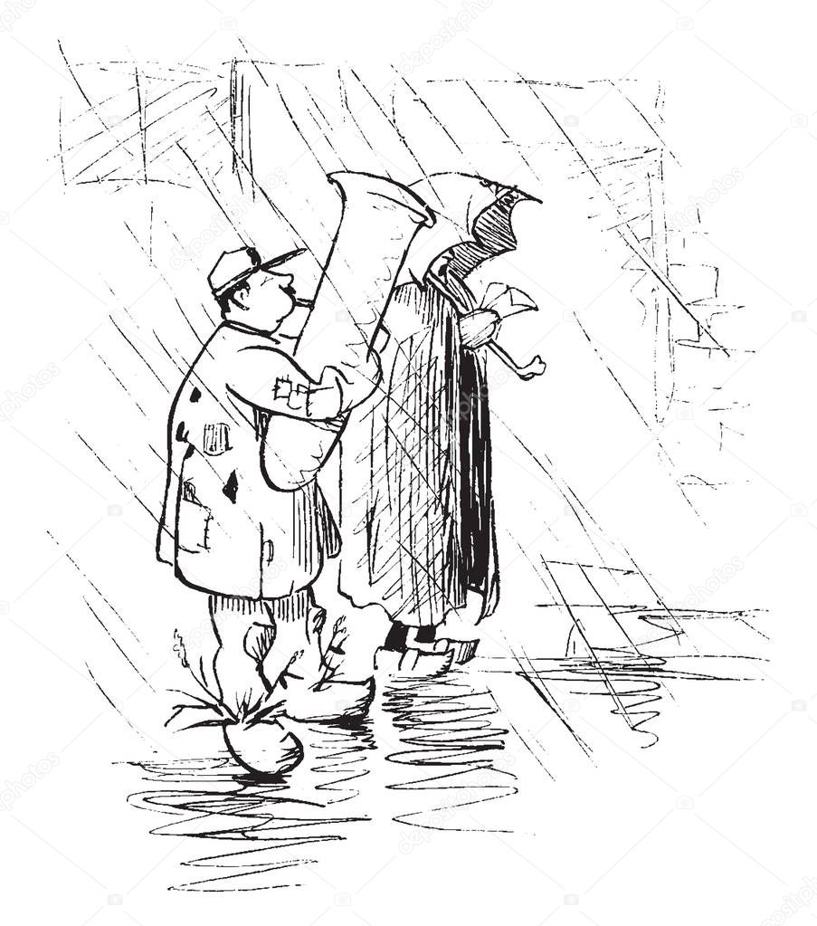 Two wandering minstrels in rain, one of them holding umbrella, vintage line drawing or engraving illustration