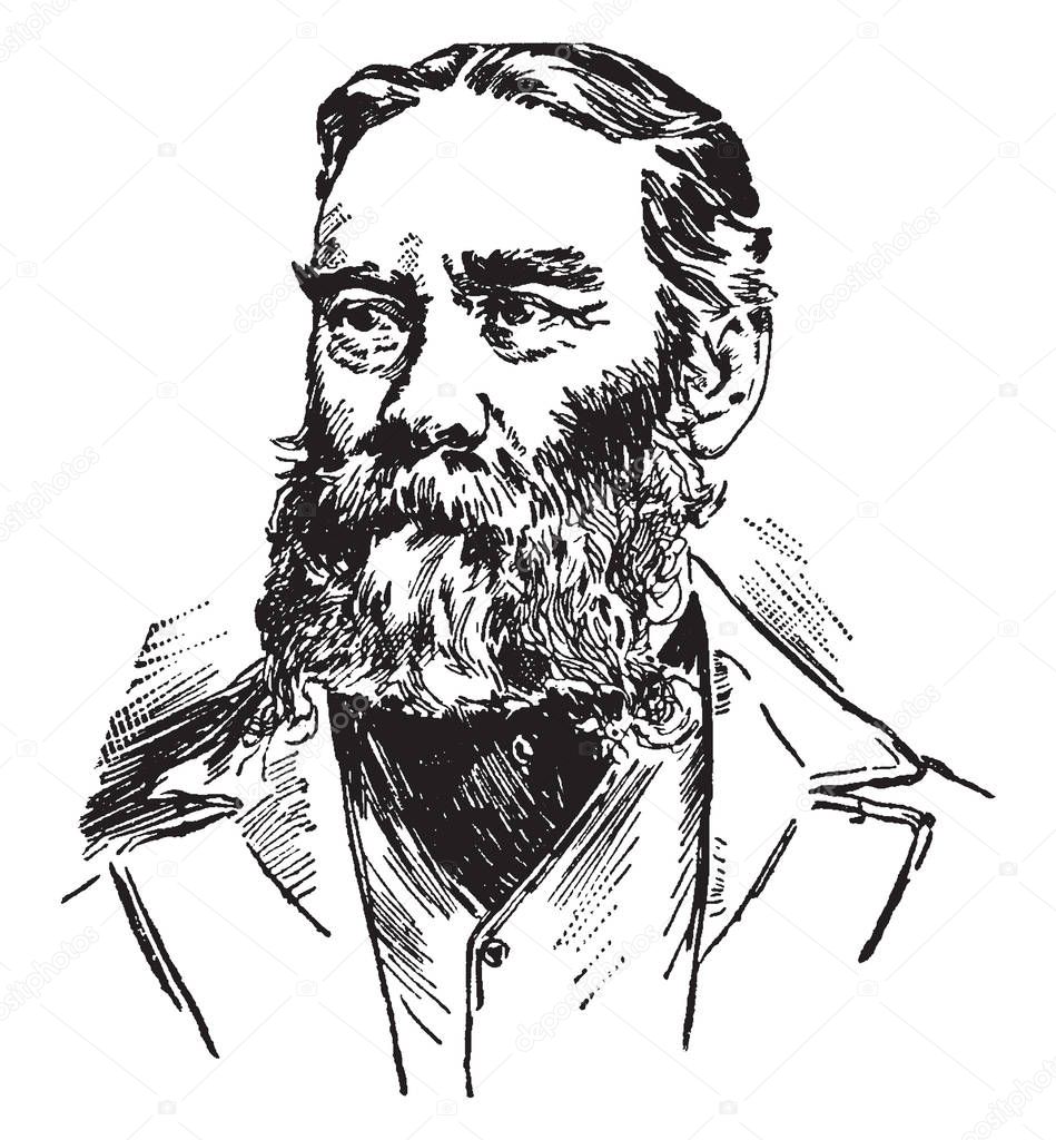 James Russel Lowell, 1819-1891, he was an American romantic poet, critic, editor, and diplomat, vintage line drawing or engraving illustration