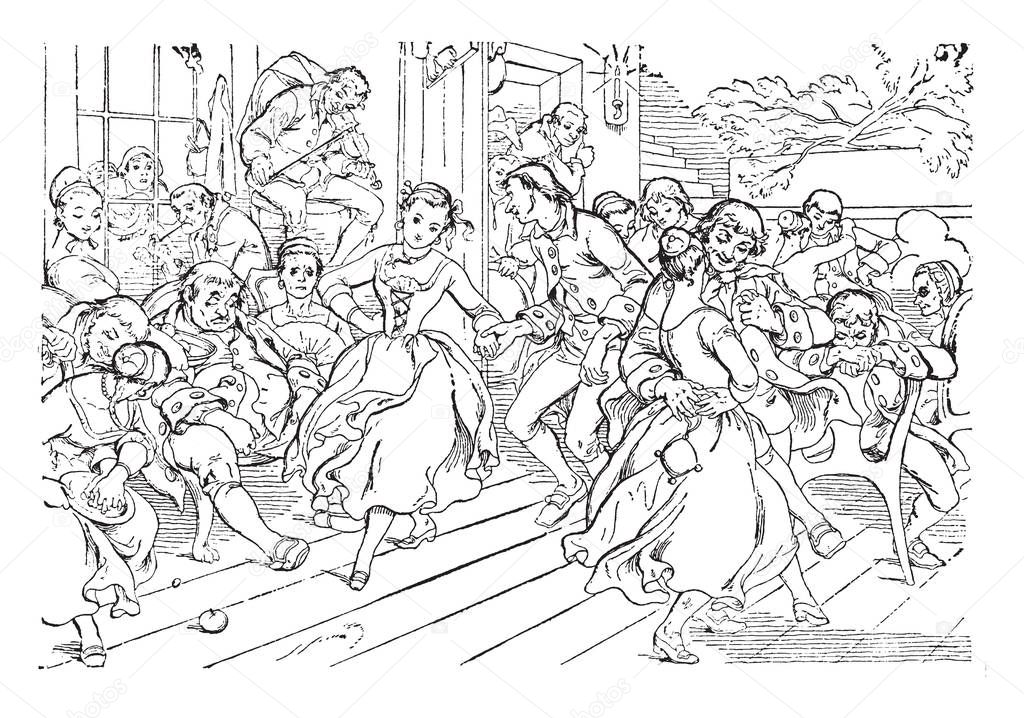 Dancing of men and woman have series of movements usually in time to pleasure or in order to enter purposefully selected sequences of human, vintage line drawing or engraving illustration.