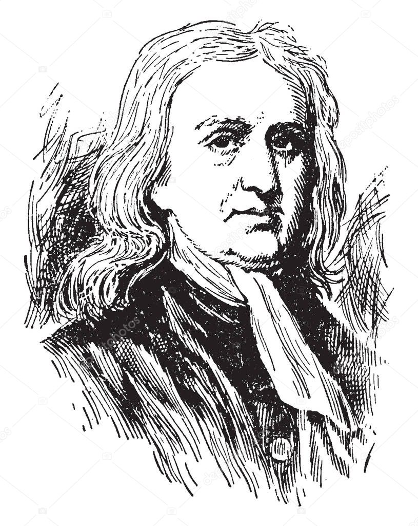 Sir Isaac Newton, 1642-1727, he was an English mathematician, astronomer, and physicist  who discovered the law of gravitation, vintage line drawing or engraving illustration