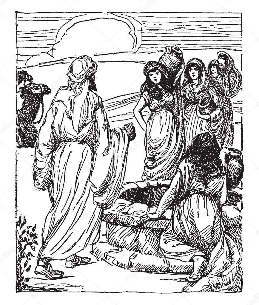 Rebekah, this scene shows  a man talking to girls standing near well, girls carrying water jars, camel in background, vintage line drawing or engraving illustration