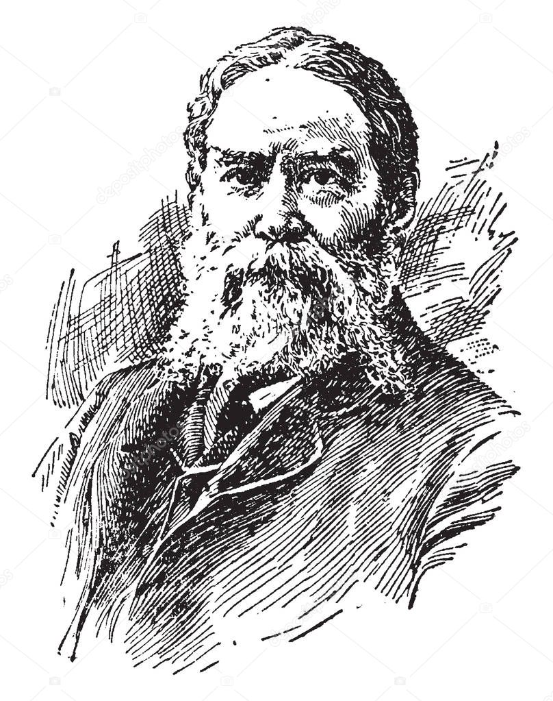 James Russel Lowell, 1819-1891, he was an American romantic poet, critic, editor, and diplomat, vintage line drawing or engraving illustration