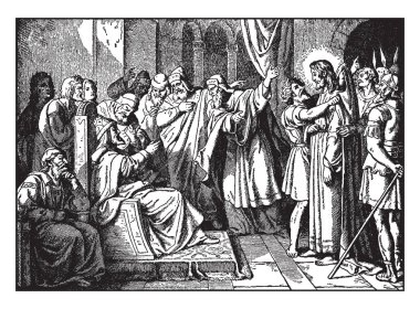 Herod ve Herod oturuyor önce bir taht üzerinde duran ve bir taç giyen İsa'nın bir resmi. Rahipler ve din bilginleri oturup tahtın kalır. Askerler mızrak, vintage çizgi çizme veya oyma resimde İsa'nın kalır.