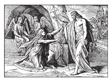 İsa onun dirilişi, vintage çizgi çizme veya oyma illüstrasyon sonra Mary Magdalene için görünür.
