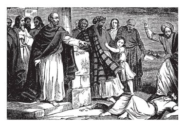 Ananias lying dead on the ground and other people are standing near the dead body, vintage line drawing or engraving illustration. clipart
