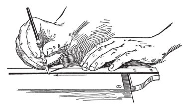 Kalem konumlama bıçakları doğru işaret belgili tanımlık uç konumunu belirlemek yönüne paralel tutun ve marka belirli rakipleri, vintage çizgi çizme veya oyma illüstrasyon odaklanmak mi.