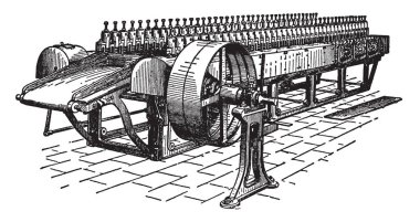 Bu çizimde temsil whichjutemoras Jüt yumuşatma makine yumuşak ve esnek yapılır, vintage çizgi çizme veya oyma illüstrasyon.