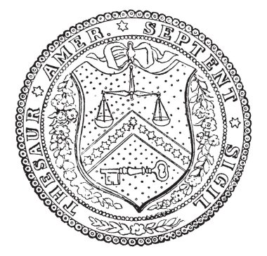 ABD Hazine Bakanlığı mührü, bu daire şekli mühür kalkan merkezinde vardır, denge ölçek, anahtarı ve 13 yıldız kalkan vardır, kalkan ağacı, vintage çizgi çizme veya oyma illüstrasyon Şubesi tarafından çevrilidir 