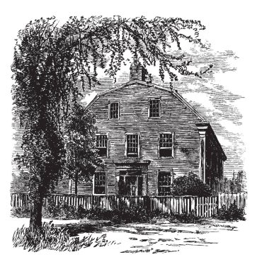 William Pepperrell House 94 Pepperrell Road (Maine State Route 103) Kittery Point, Maine, vintage çizgi çizim veya gravür illüstrasyon tarihi bir ev.