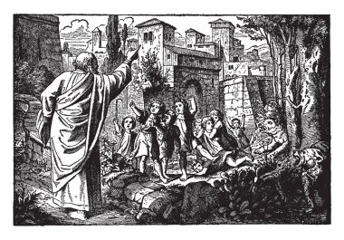 Elisha, bazı kaba erkek ve iki ayı resmi var. Elisha sağ elini kaldırdı ve kaba çocukları küfürler. İki ayı-ebilmek var olmak seen o çocuklar, vintage çizim atak veya illüstrasyon oyma.