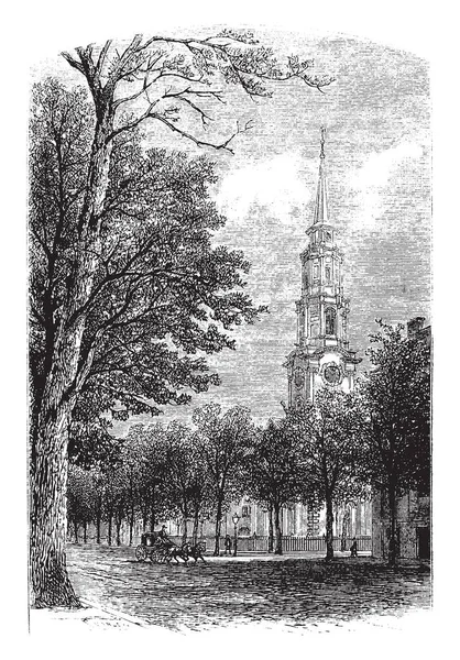 在这张图片中 在佐治亚州萨凡纳的一个长老会教堂 在树木旁边 古老的线条绘画或雕刻插图 — 图库矢量图片