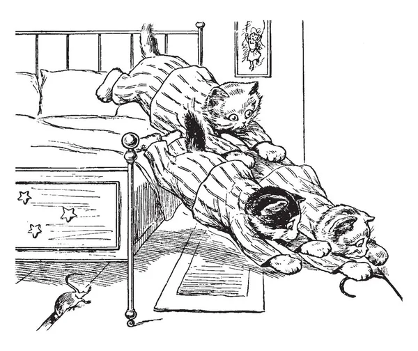 Τρία Γατάκια Πανιά Κοντά Στο Κρεβάτι Που Κυνηγούν Την Ουρά — Διανυσματικό Αρχείο