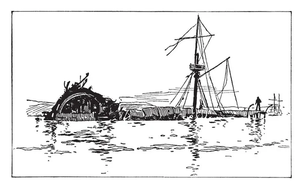 メイン州 ヴィンテージの線描画や彫刻イラスト名を持つアメリカ海軍の最初の船であるハバナ港でメインの難破船 — ストックベクタ