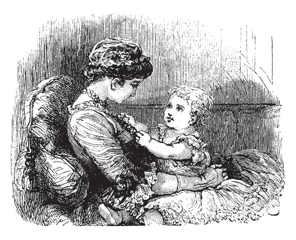 Зображення Зображує Чарівного Немовляти Грає Намистом Своєї Матері Вінтажним Малюнком — стоковий вектор