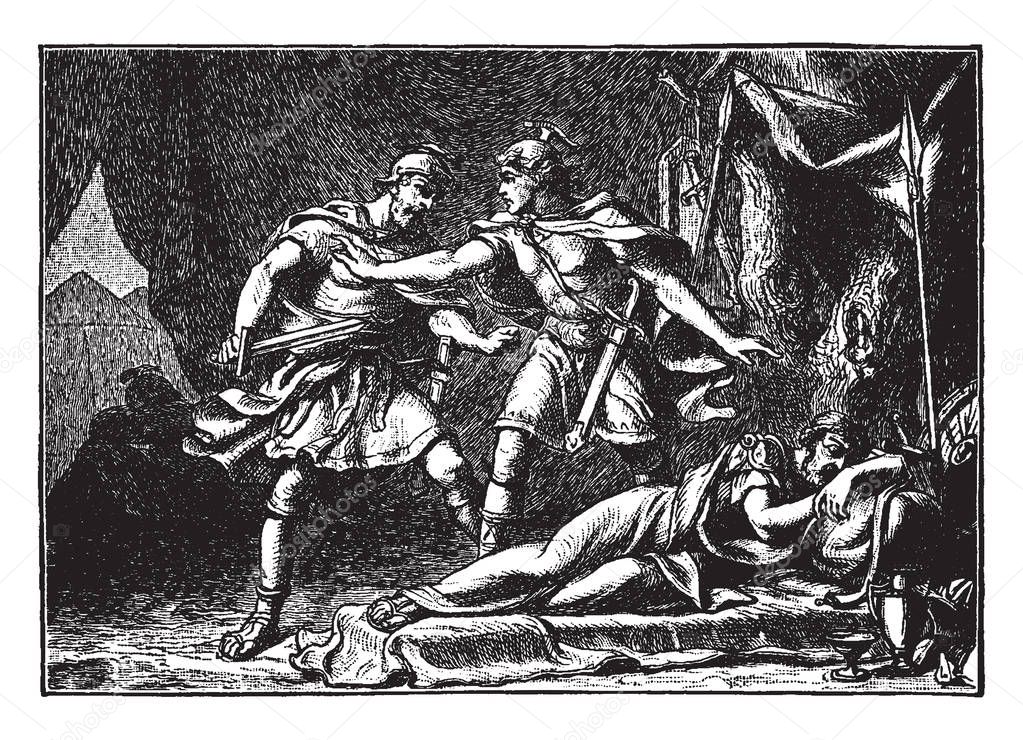 A picture of David trying to stop his soldier from hurting Saul. Some spears, sword, shield and dishes can be seen in the background, vintage line drawing or engraving illustration.