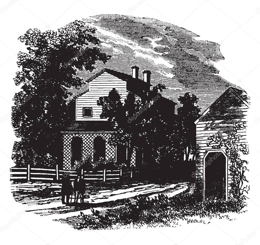 The image depicts the Fulton's Birthplace.  The house has so many trees in the yard. The house has a picket fencing, vintage line drawing or engraving illustration.