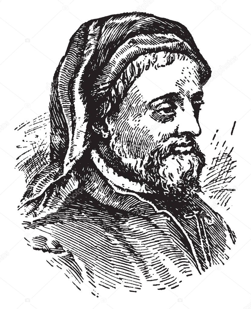 Geoffrey Chaucer, c. 1343-1400, he was famous English poet, author, philosopher, and astronomer, famous as Father of English literature, vintage line drawing or engraving illustration