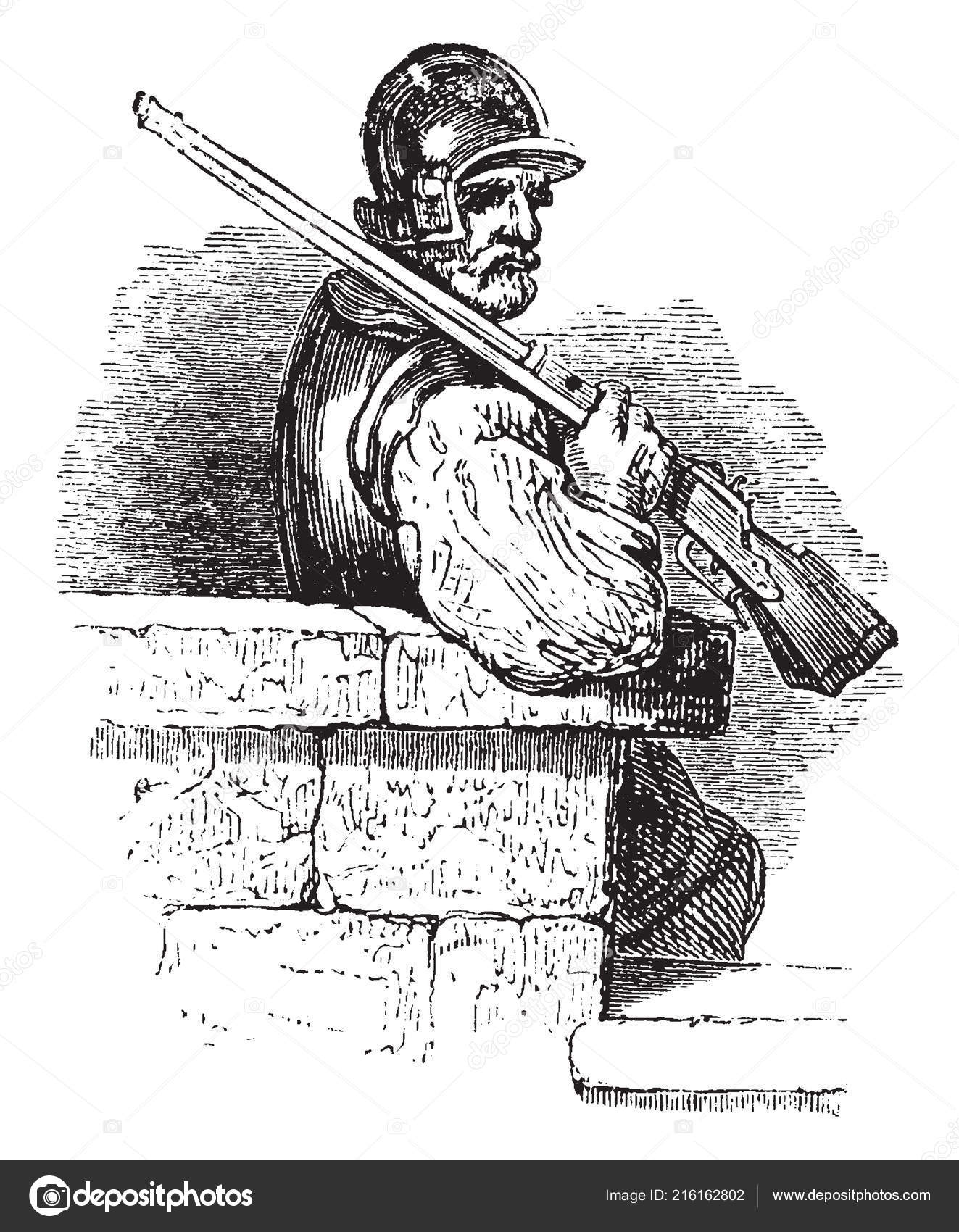 Soldat Avec Fusil Vintage Dessin Trait Une Gravure