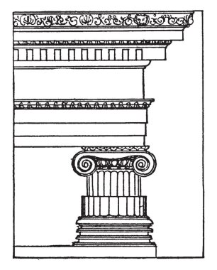 Yunan iyonik sipariş kökenli 6 orta yüzyılda, Mimarlık, tasarım, klasik, Bina mimari, kuruluş, kazık, ayağı, vintage çizgi çizme veya oyma illüstrasyon.