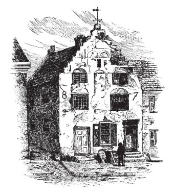 Bu deprem, vintage çizgi çizme veya oyma illüstrasyon yıkılan eski bir ev..