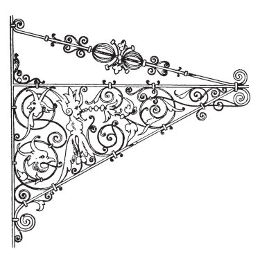 Wrought-Iron Bracket is a German Renaissance style sign, wide selection of designs and sizes, all in a natural iron finish, vintage line drawing or engraving illustration. clipart