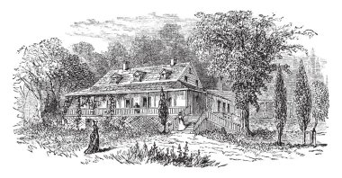 Görüntü güzel bir mimari olan ev vitrinde. Ev bir baca ve yeşillik, vintage çizgi çizme veya oyma illüstrasyon bir sürü vardır.