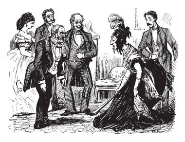 Bir erkek ve kadın her diğer, diğer erkek ve kadınlara onları, vintage çizgi çizme veya oyma illüstrasyon çevresinde tanıtılıyor