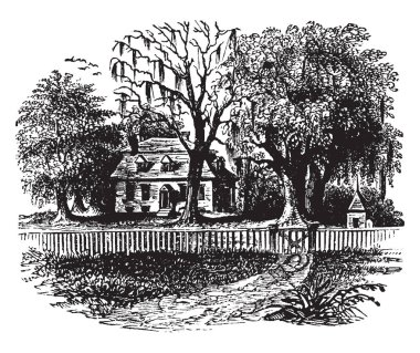 Görüntü evin Cornelius Harnett Kuzey Carolina'da gösteriyor. Evin picket eskrim ve yeşil ağaçlar, vintage çizgi çizme veya oyma illüstrasyon yeri vardır.