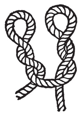 Büküm bir kordon ters yönde iki bölümden yukarı ve gözleri, vintage çizgi çizme veya oyma illüstrasyon mücadele kanca kedi pençe.