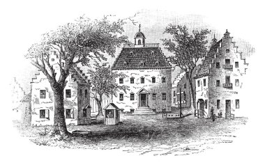 Sömürgeci Amerika, vintage çizgi çizme veya oyma illüstrasyon New York'ta ev devlet.