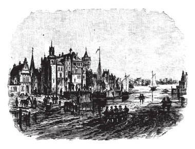 Belçika'da bulunan Ghent şehir resmi. Yat, vintage çizgi çizme veya oyma illüstrasyon insanlar gerek.